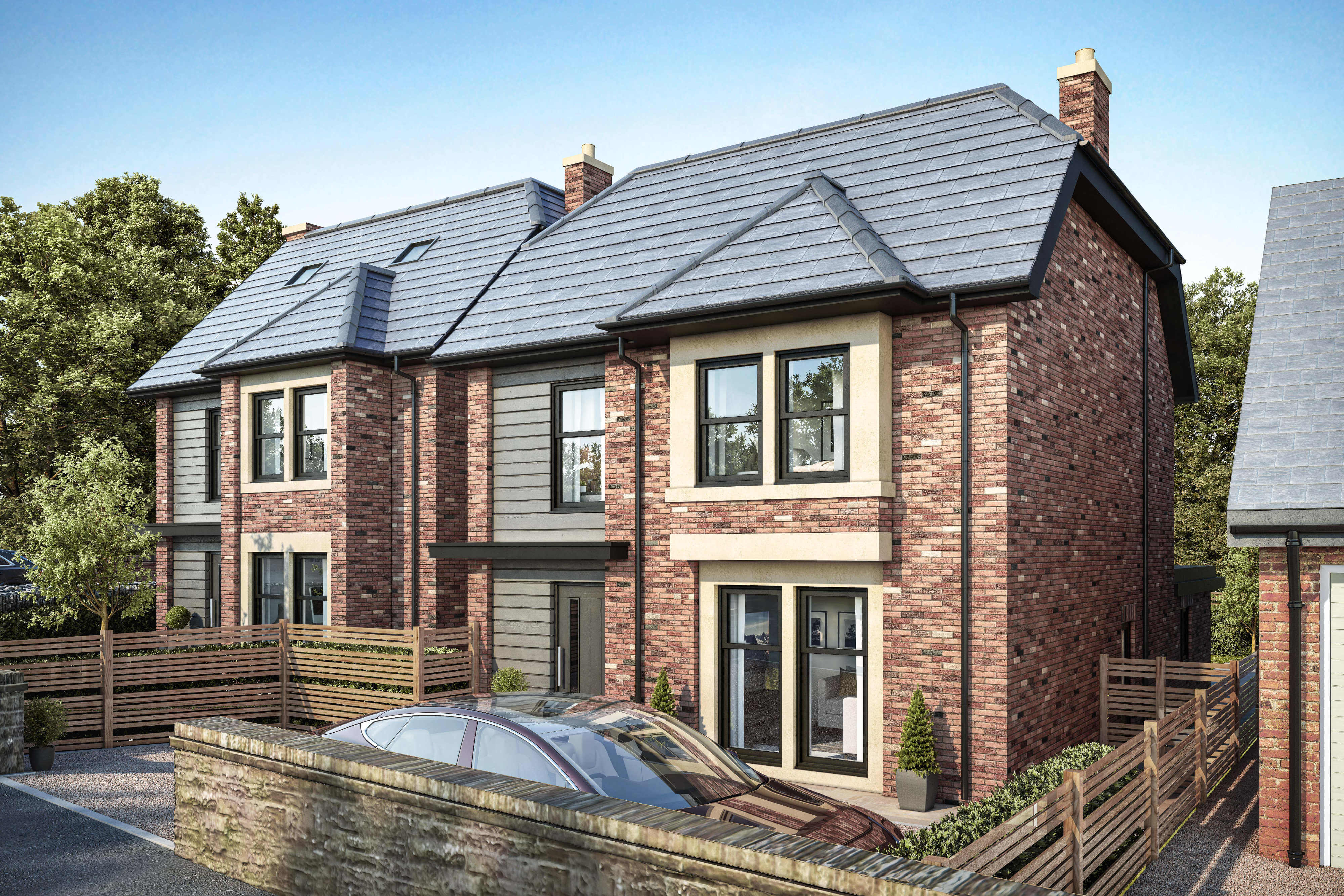 Two large houses built in brick with stone window surrounds in a leafy street. There is a car parked in front of the nearest property