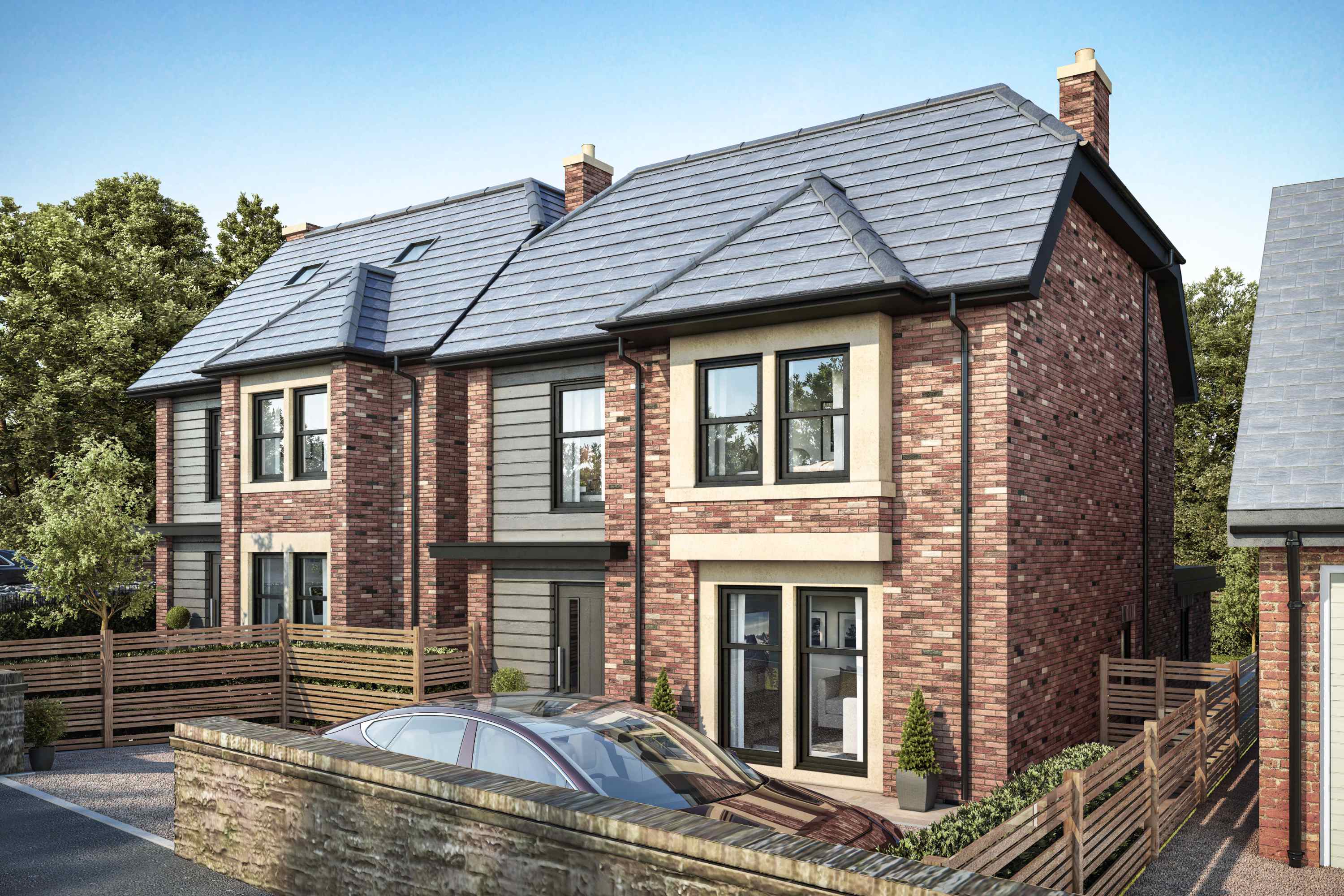 two large houses from the front, concentrating on the second house