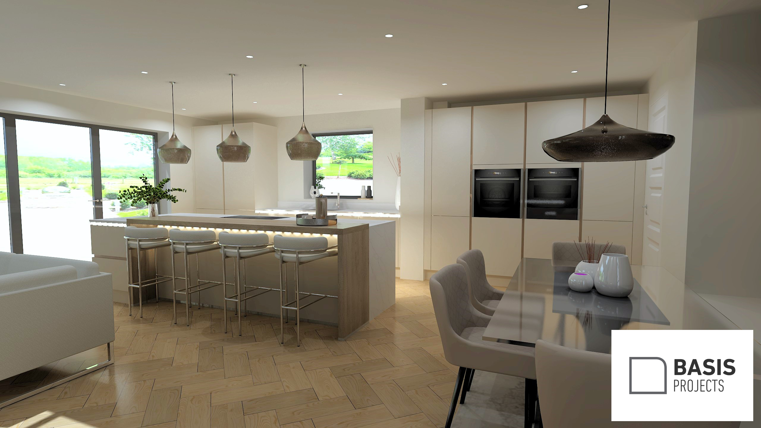 A large white kitchen with 4 chairs and a central island