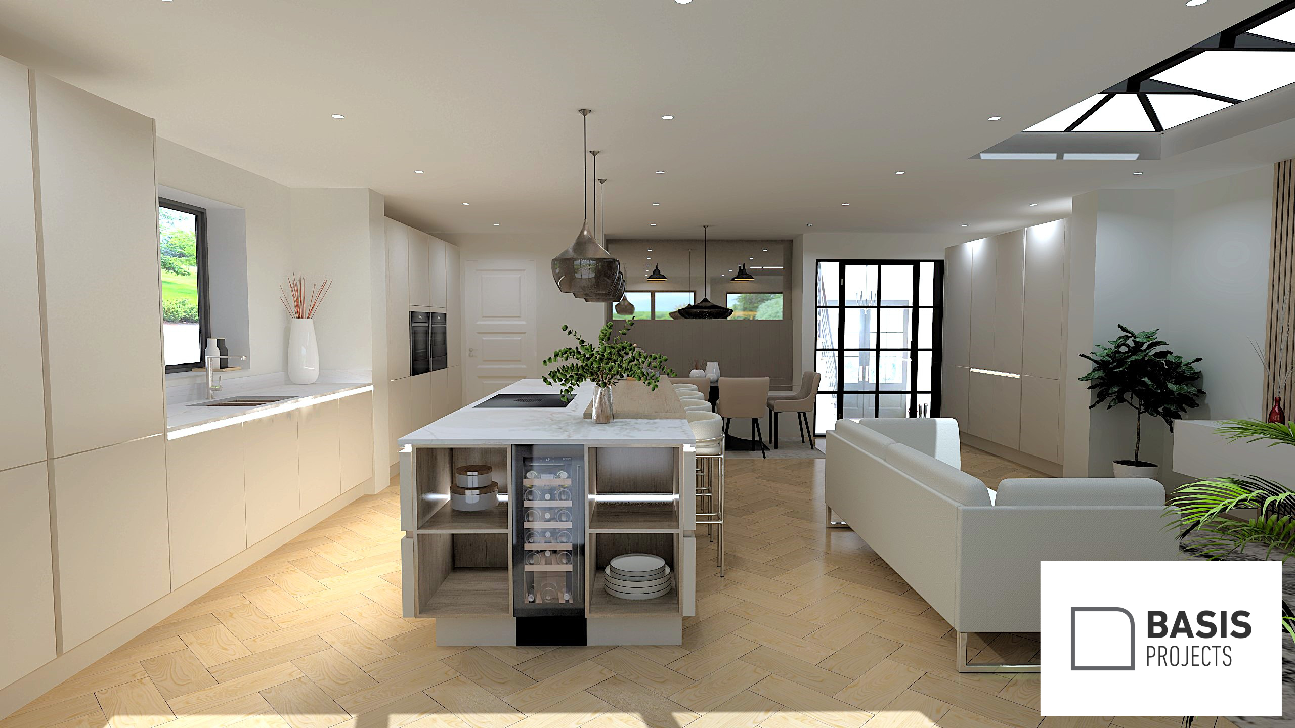 A large white kitchen showing the door to the outside