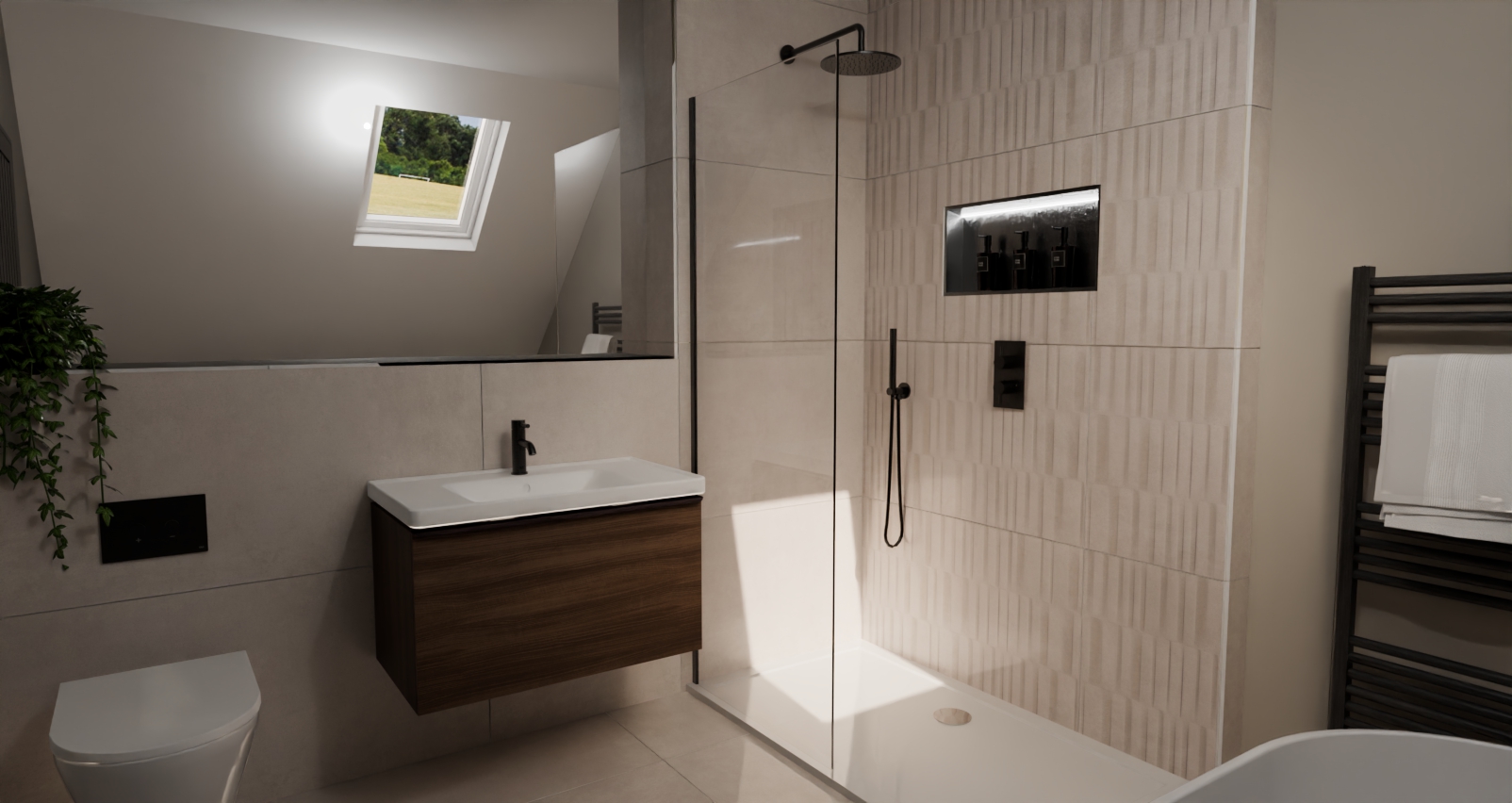 A beige bathroom with a wooden sink